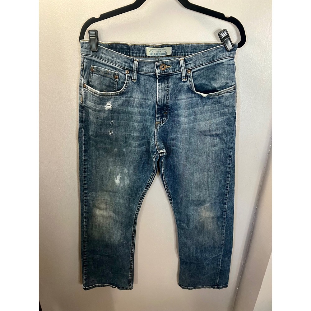 Wrangler Originals Relaxed Boot Cut Jeans Mens 33x30 Blue Medium Wash Distressed